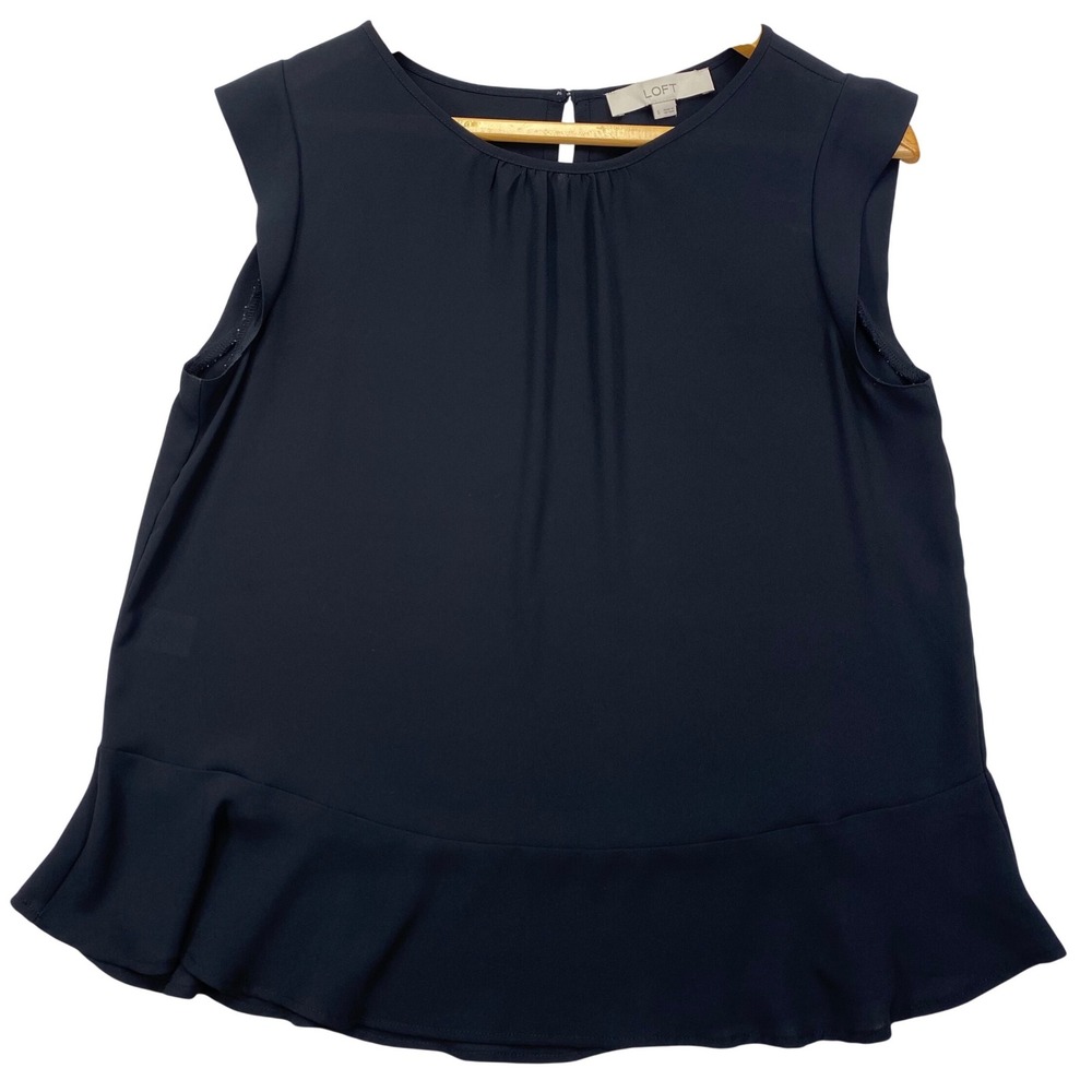 Loft Peplum Blouse Womens Small Black Sleeveless Pleated Neck‎ Keyhole Top